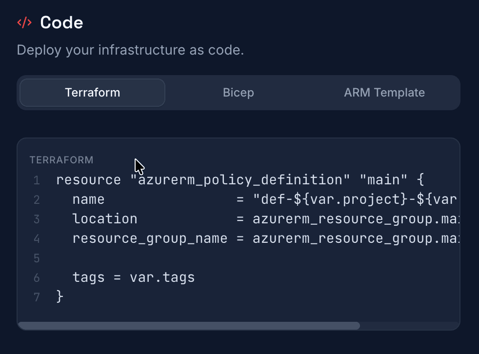 CloudAtlas IaC code panel showing Terraform, Bicep, and ARM Template tabs