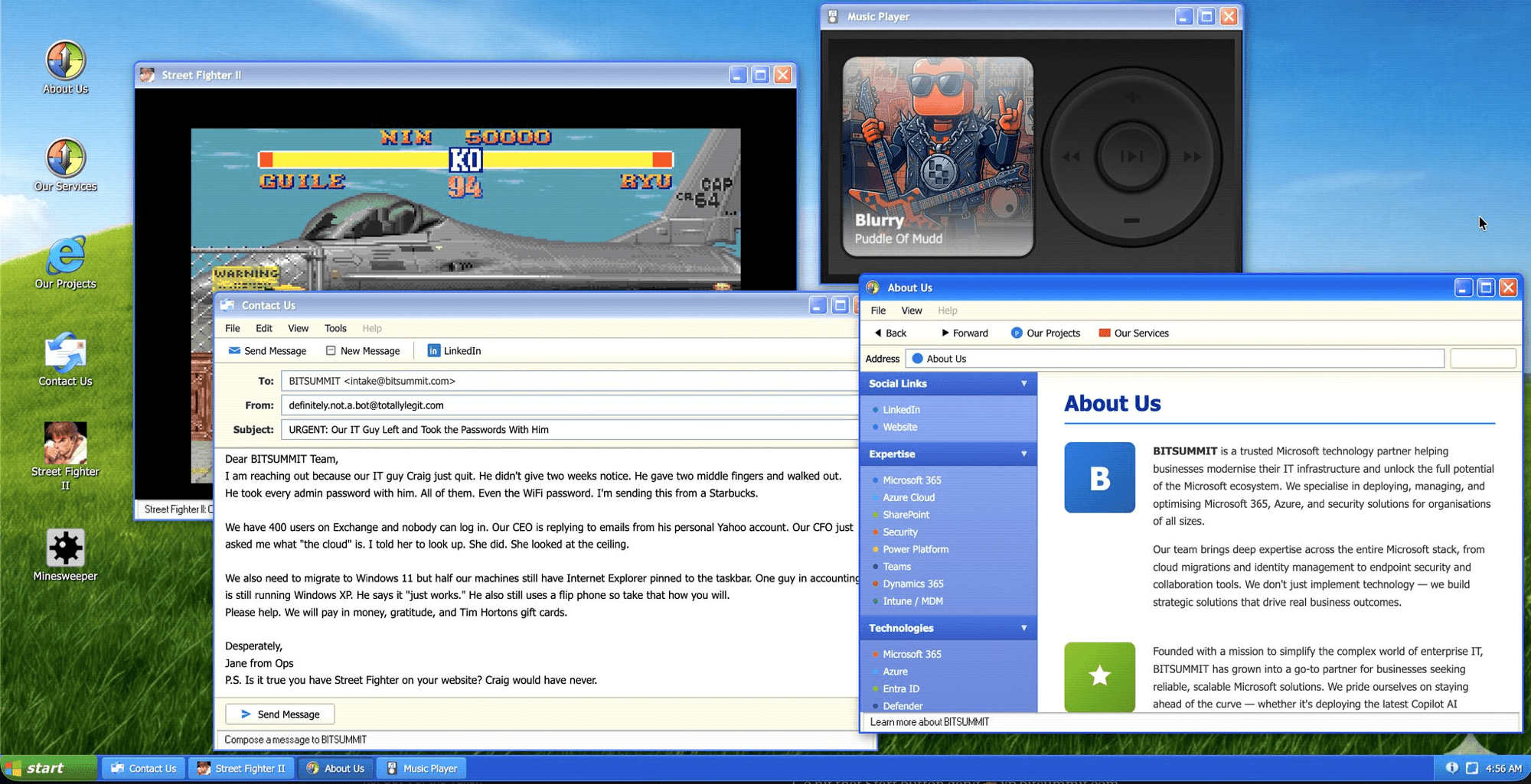 XP desktop showing Street Fighter II, Contact Us, About Us, and Music Player windows open simultaneously