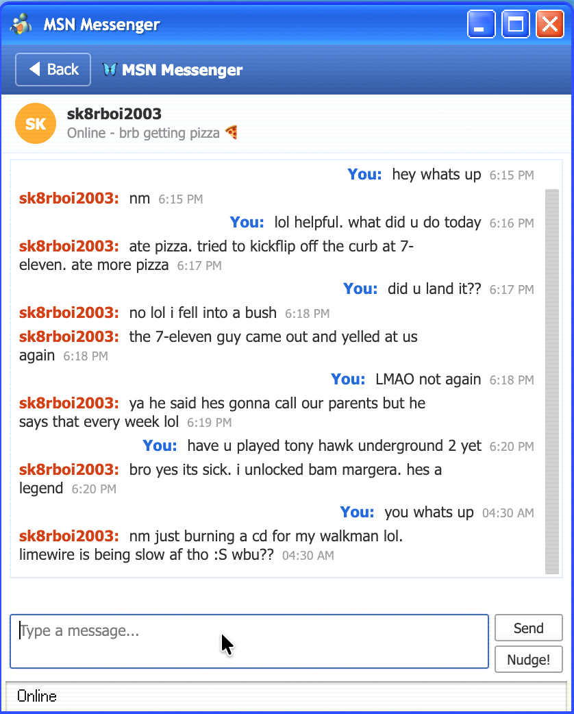 MSN Messenger chat with sk8rboi2003 talking about pizza, kickflips, and Tony Hawk Underground 2